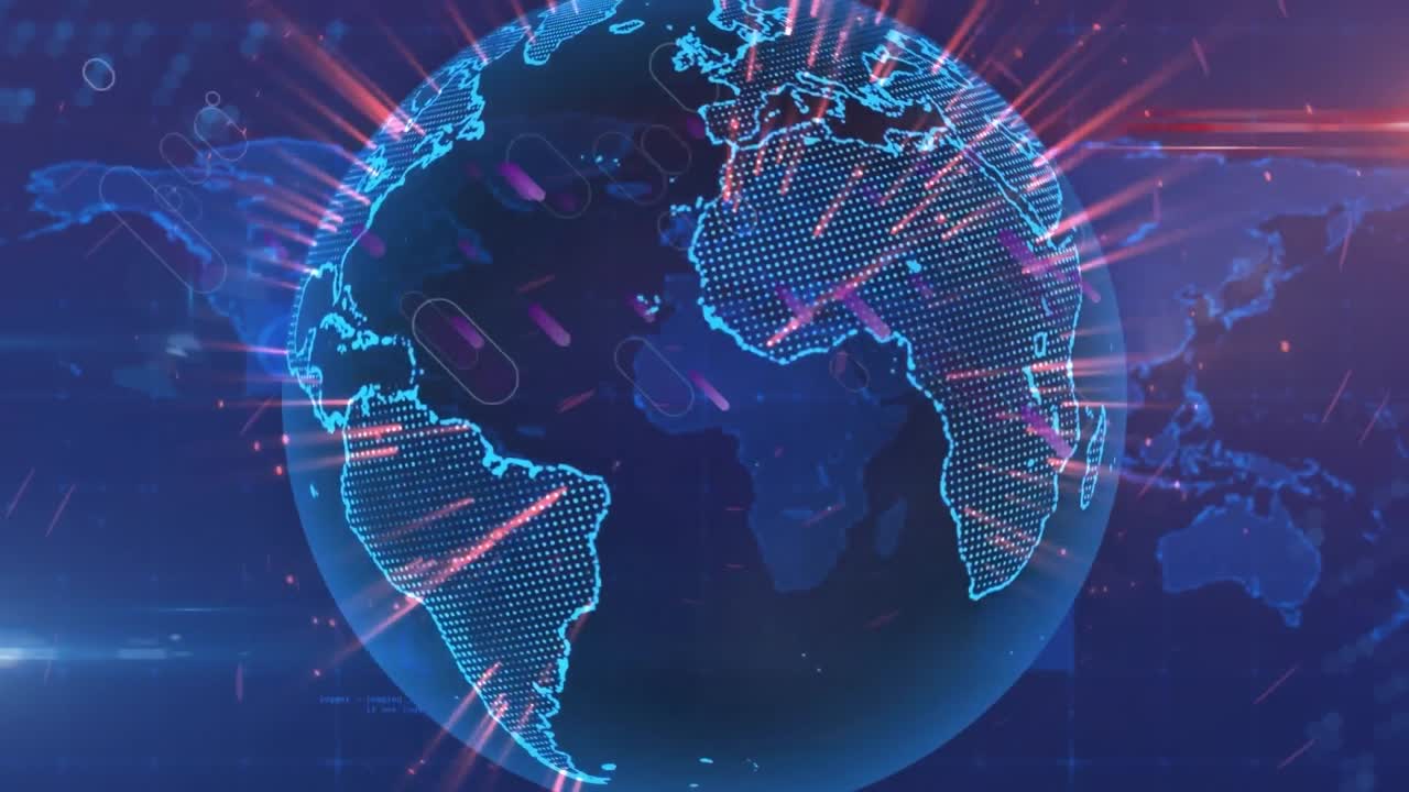 animación del globo con líneas púrpuras y procesamiento de datos en fondo negro.