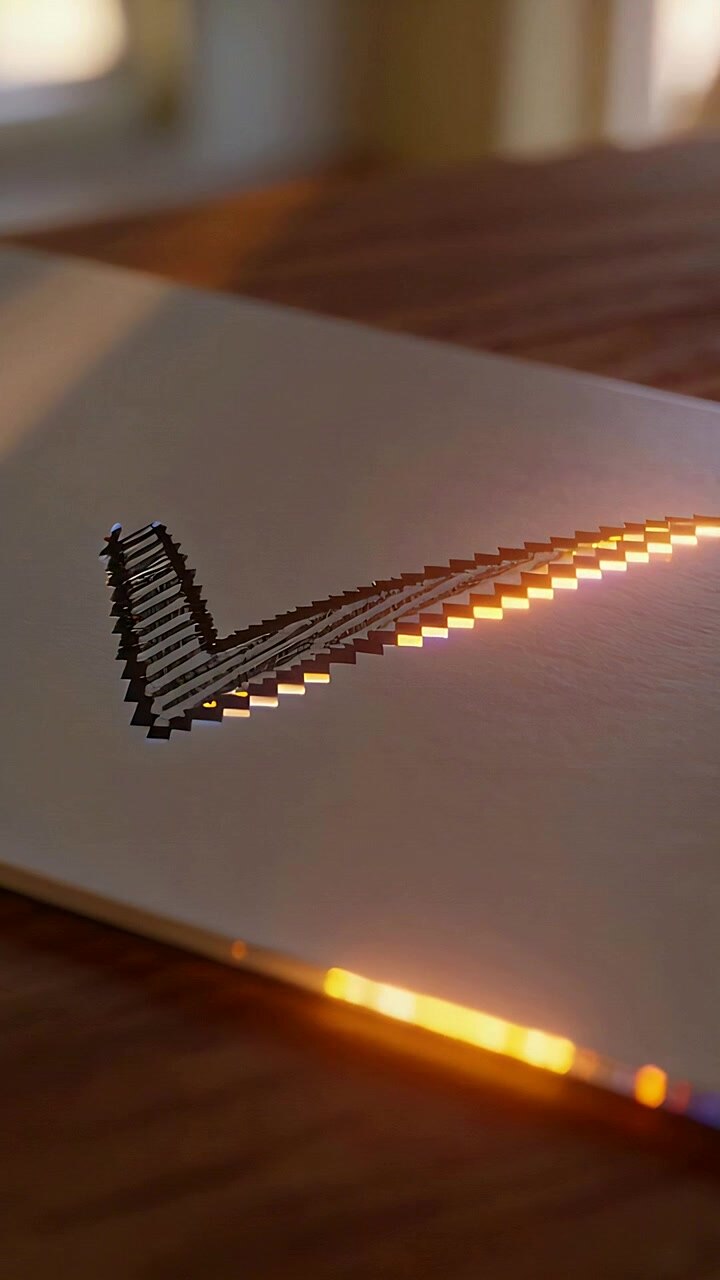 Vertical video: Sunlight shifting, stylized check on card catching iridescent highlight near window