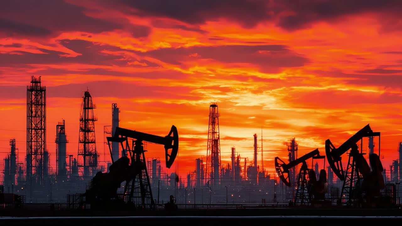 Sagome di pompe petrolifere contro un tramonto suggestivo: uno spettacolo affascinante di produzione energetica industriale e bellezza naturale che si fondono all'orizzonte.