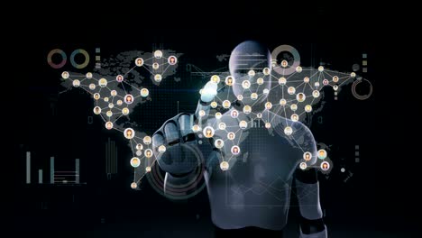 robot, cyborg tocando a la gente del mundo conectado, usando tecnología de comunicación tamaño 4k. con diagrama económico, gráfico. medios sociales.1.