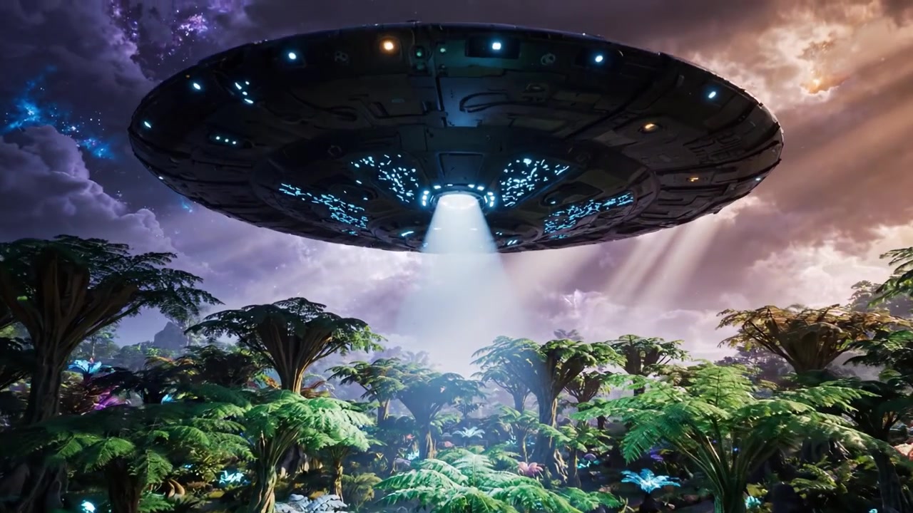 A Mysterious Alien Spaceship Hovers Above an Otherworldly Jungle Landscape, Illuminated by Cosmic Rays and Surrounded by Lush, Vibrant Flora Under a Starry Sky