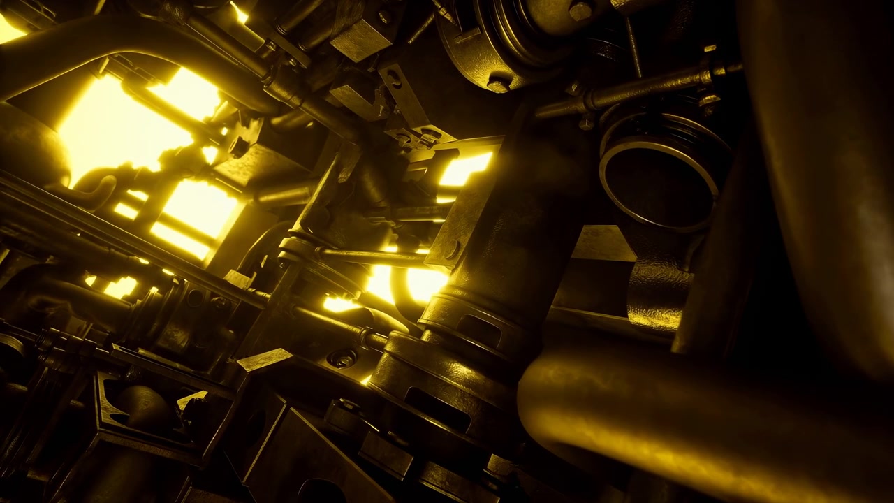Tightly framed view inside industrial machinery bay with dense pipes, curved tubing, clamps, bolted flanges, cylindrical housings, brackets, fasteners, textured metal, grime, and warm dramatic