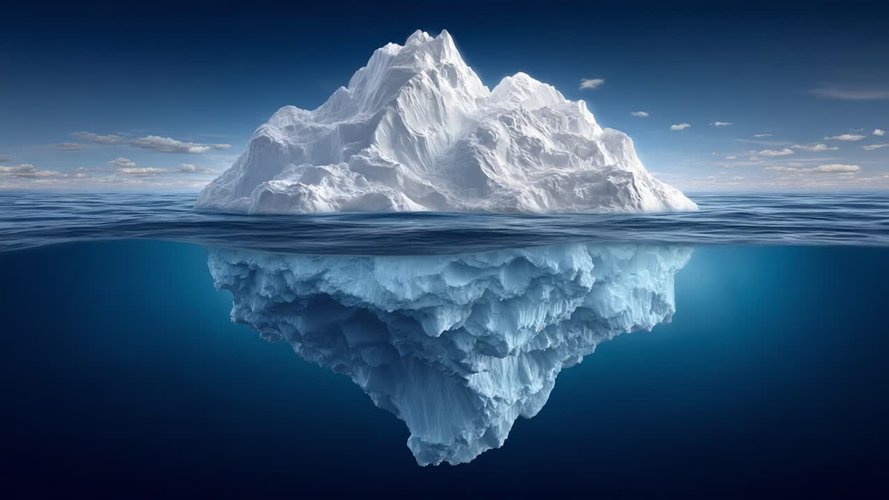 A Stunning Iceberg Emerges from the Ocean, Showcasing Its Majestic Structure Above and Below Water in a Beautiful, Serene Environment