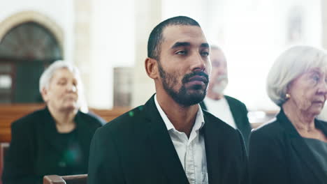 sad, man and thinking at a funeral in church