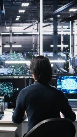 vertical video programmer entering server room office, using ai to review infrastructure diagnostics