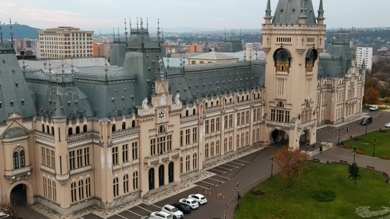 Aerial drone view of central buildings in Iasi, Romania. Square in front of it