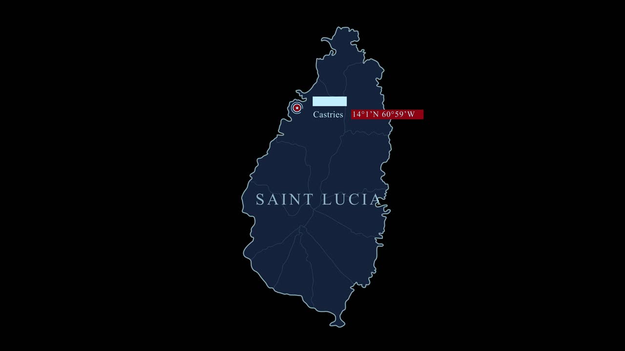 파란색 스타일링 세인트 루시아 카리브 해 섬 지도, 카스트리 수도와 지리적 좌표가 검은색 바탕에