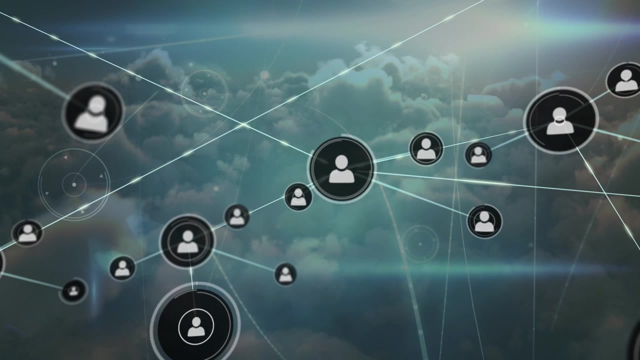Animazione di una rete di connessioni con icone di persone su cielo e nuvole.