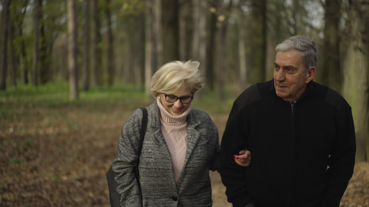 Elderly couple walking in autumn forest