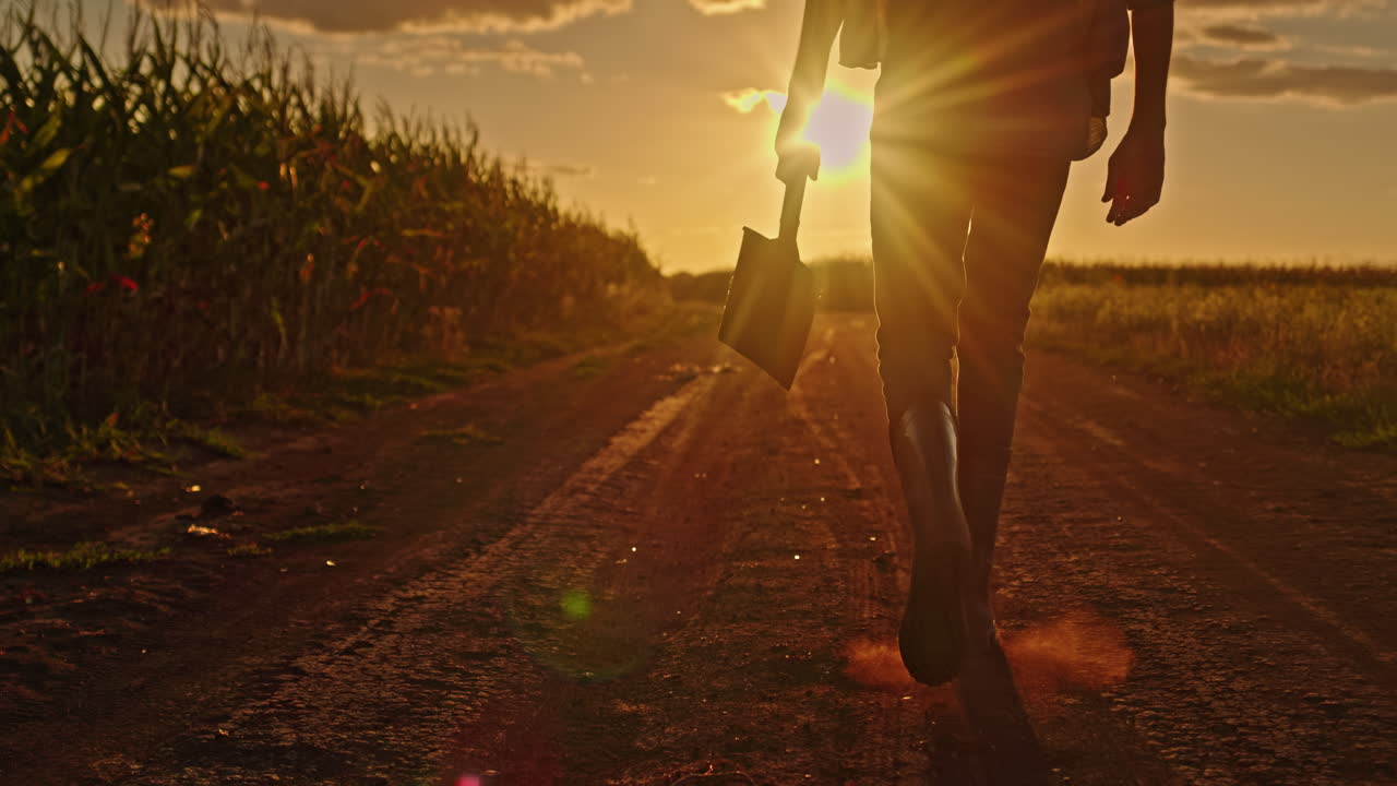 granjero caminando por un camino de tierra al atardecer