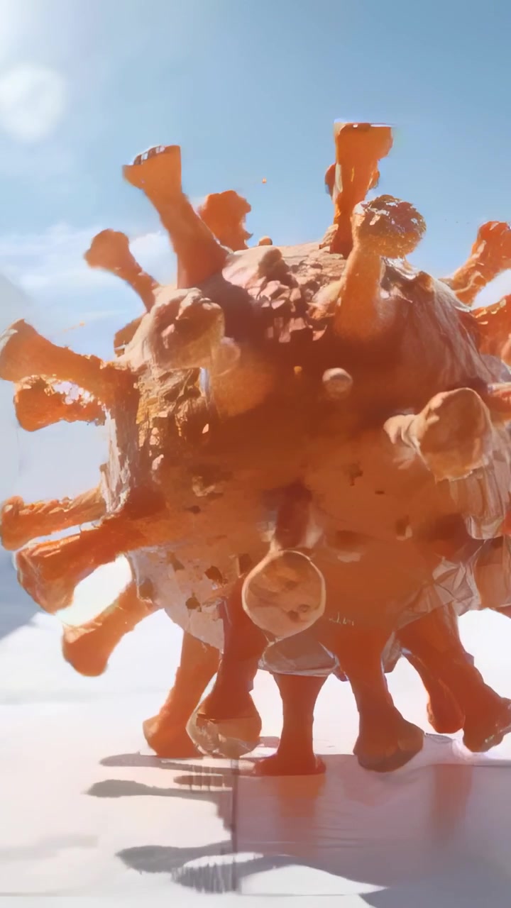 Vertikal video: En orange pigget bold kommer ind, ruller og roterer langs en flisebelagt sti, mens kameraet følger efter.
