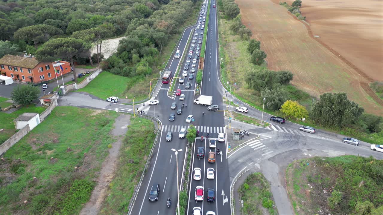 Aerial shot of busy traffic intersection in Italy