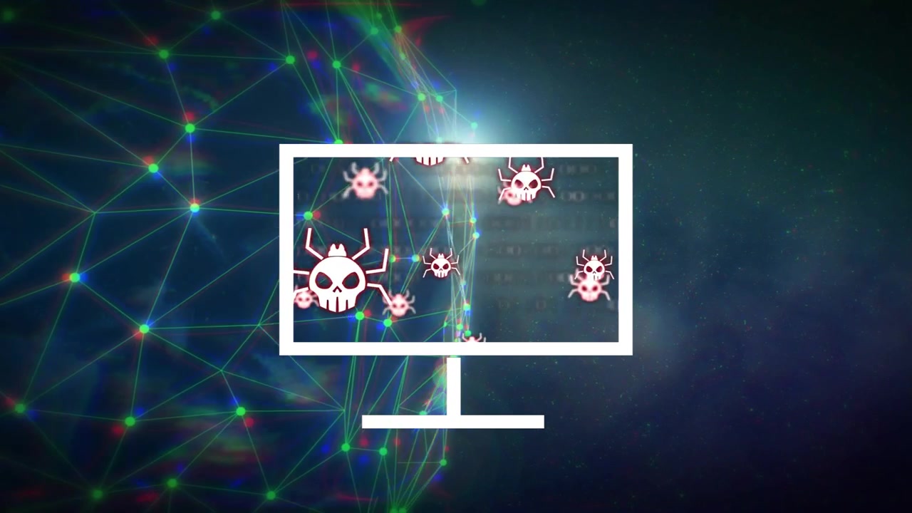 Codice binario con glitch su monitor che forma una X rosa, generando malware, con un blocco rosso che impedisce le minacce.