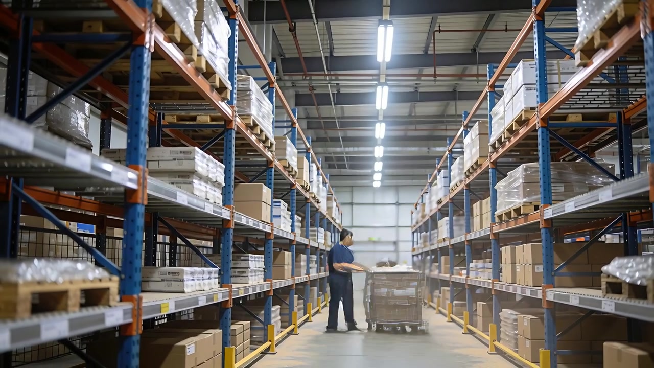 Recebendo pedido, trabalhador de armazém com camisa azul-marinho empurrando carrinho, carregando duas caixas por um corredor com prateleiras