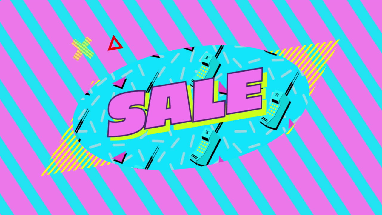 gráfico de venta en fondo de rayas diagonales rosadas y turquesas