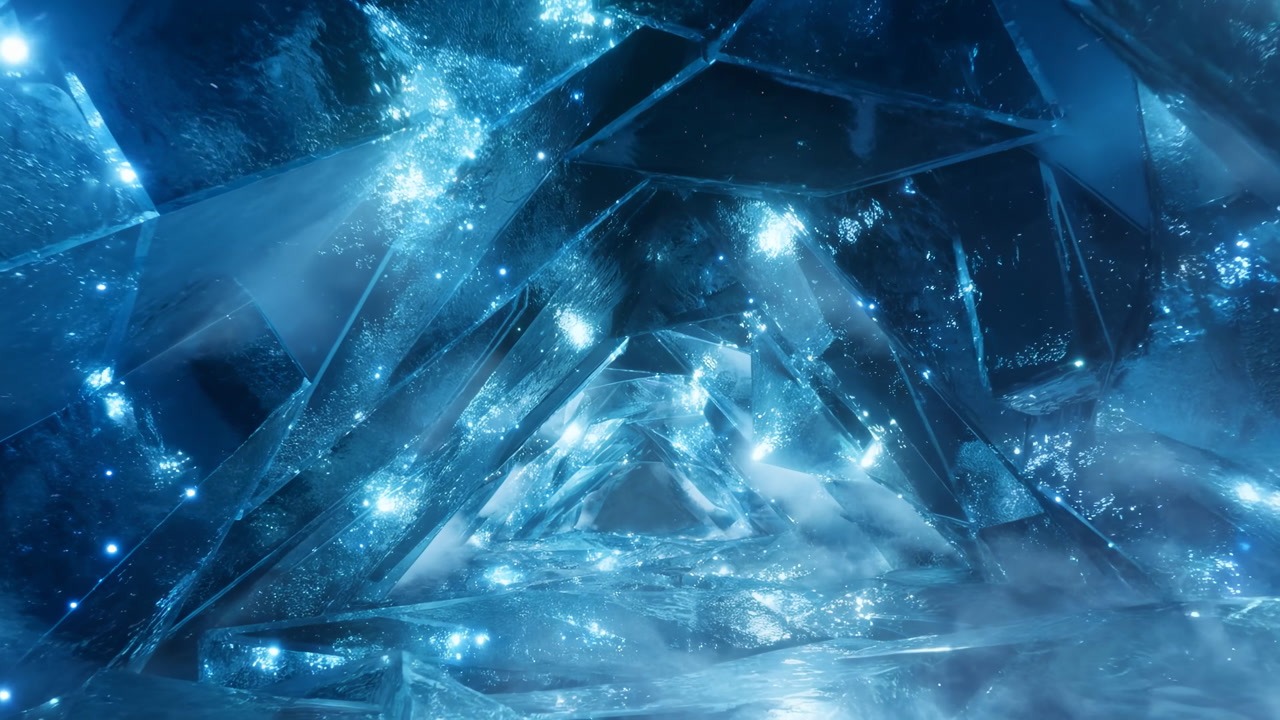 Icy Crystal Tunnel With Glowing Blue Shards, Reflective Ice Floor, Drifting Mist And Starlike Sparkles