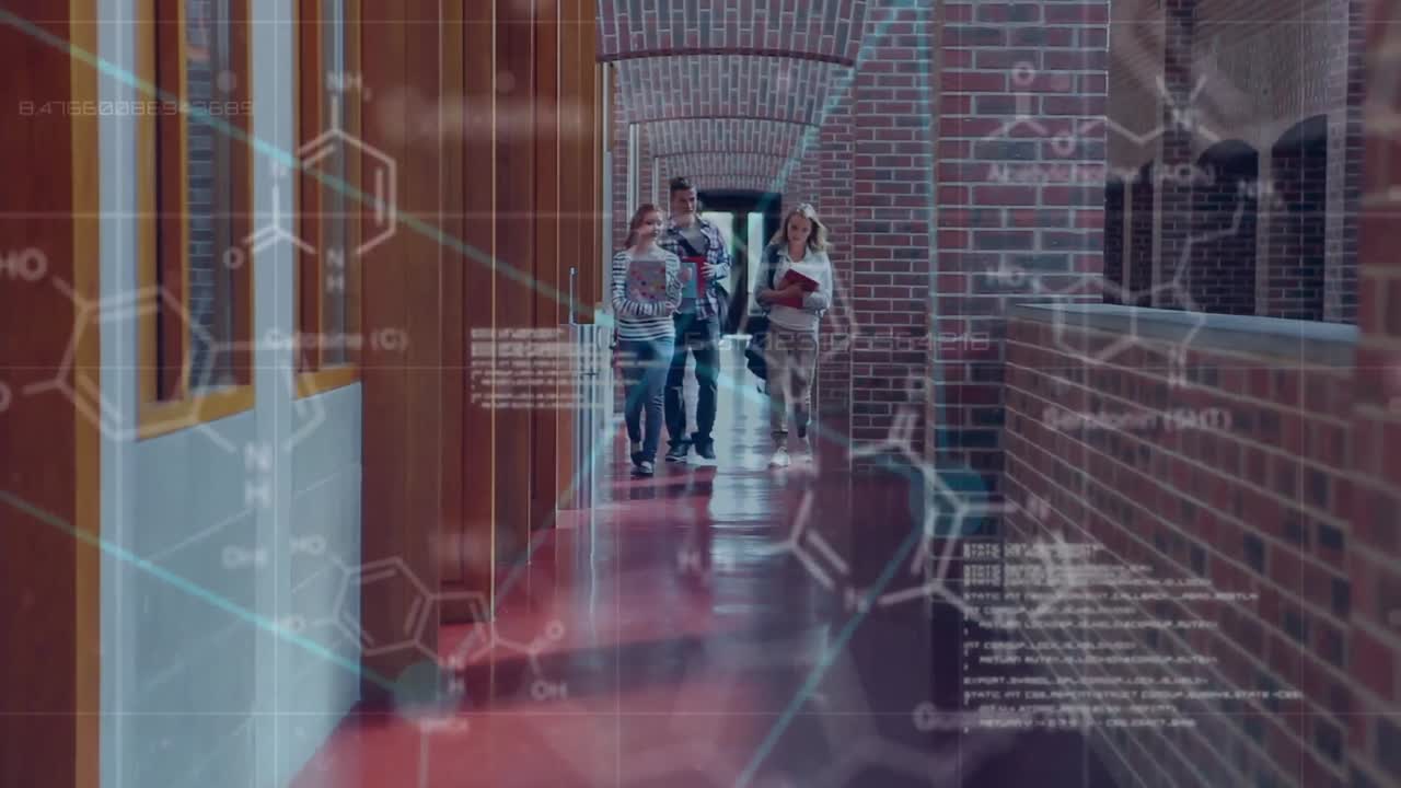 대학생 들 의 그룹 이 복도 에 벽 을  ⁇ 고 있다