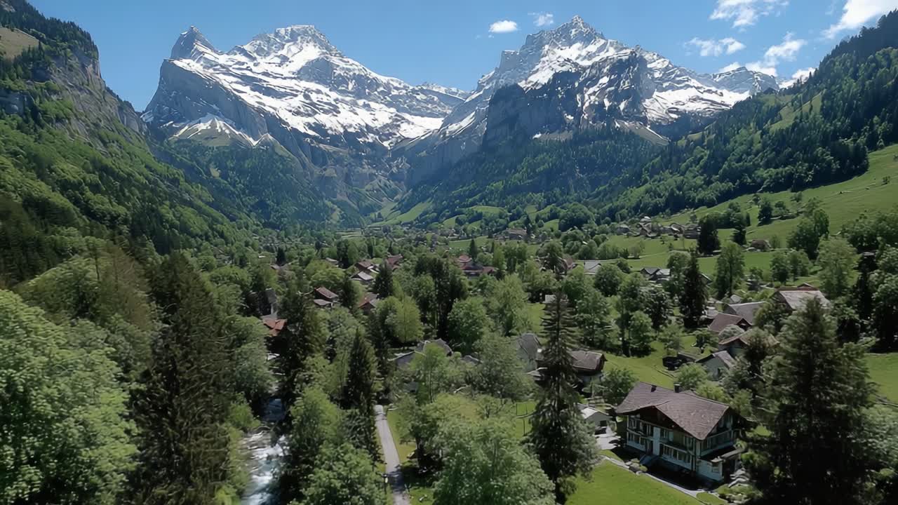 Pitoresk bir Alp manzarasında, görkemli karla kaplı dağlarla çevrili yemyeşil vadilerin çarpıcı hava manzaraları.