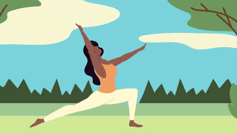 mujer morena practicando yoga en el campo