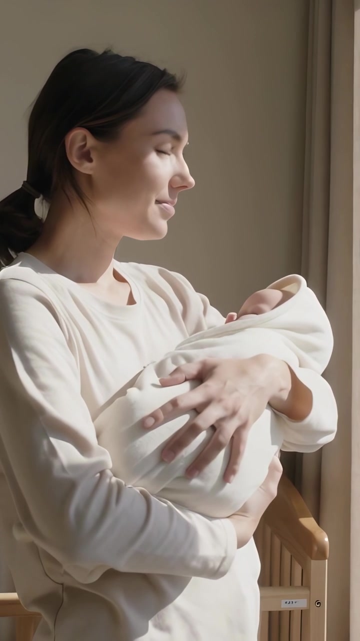 Video verticale: Mamma con un top chiaro che culla il neonato in fasce, spostandosi verso una finestra illuminata dal sole vicino alla culla per sistemarlo.