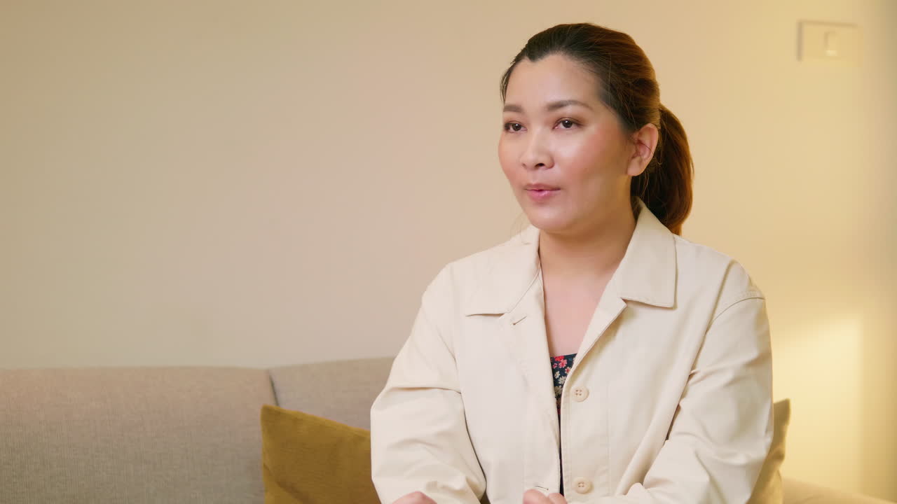 Young adult woman explaining and interview video online communication with casual clothing and speaking in room