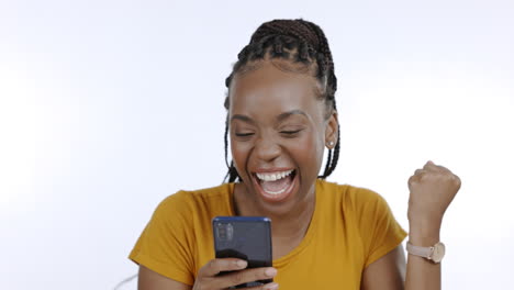 Black-woman,-smartphone-and-wow-celebration