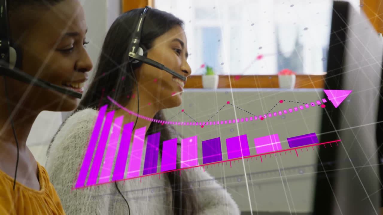 Working in office, two women with headsets analyzing financial graph animation