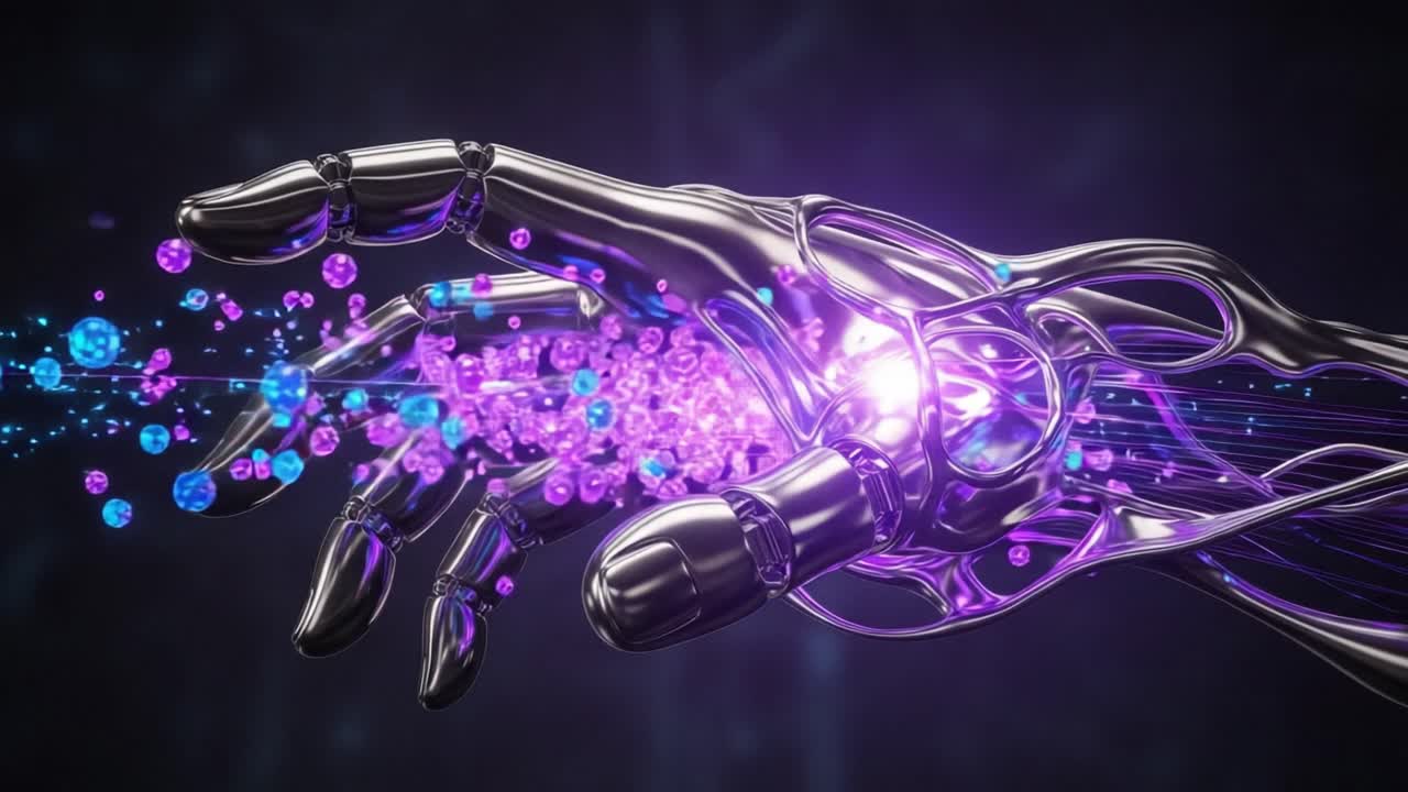 A Futuristic Robotic Hand Emitting Vibrant Particles in a Stunning Display of Advanced Technology and Neon Aesthetics, Capturing the Essence of Innovation and Design