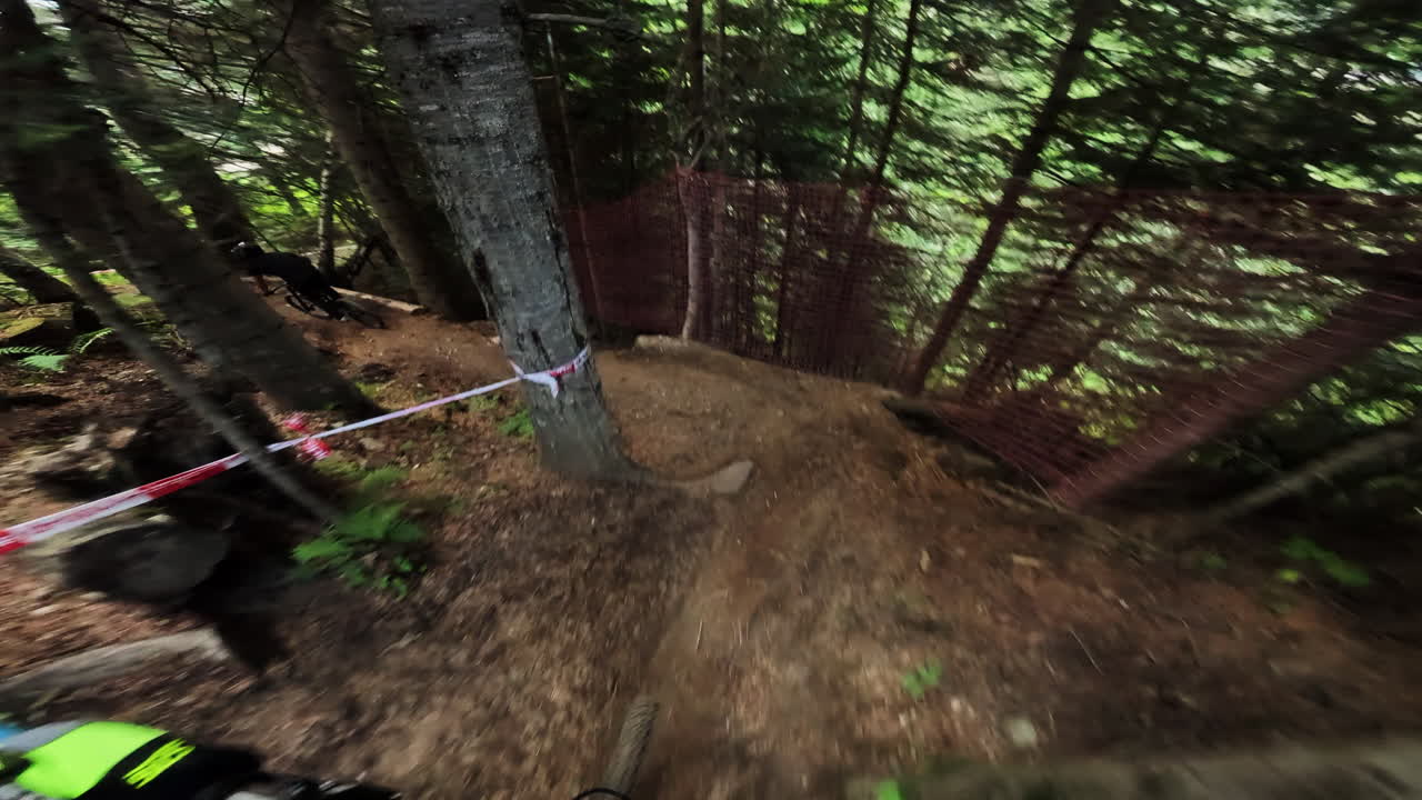 First Person View of Mountain Biking Down a Lush Forest Trail