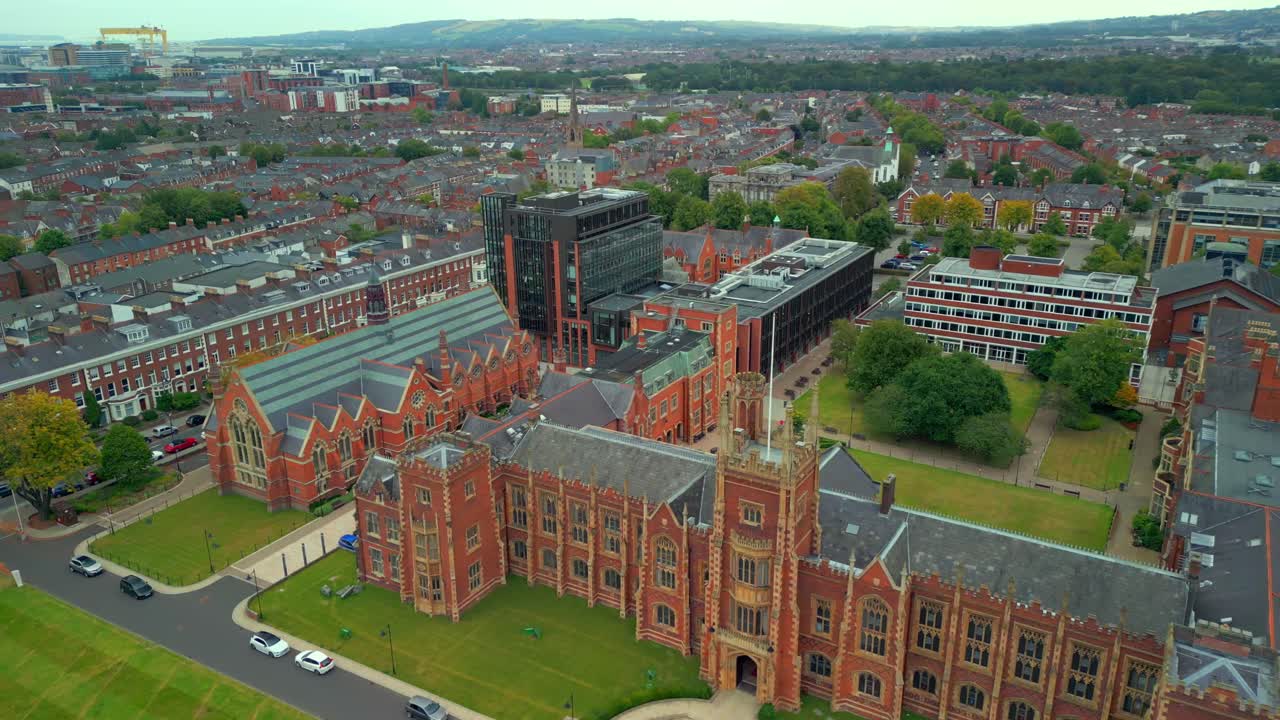 Front-on reversing aerial video of Queen's University, Belfast and the surrounding area. Produced in 4K, 60FPS and with Rec709 color
