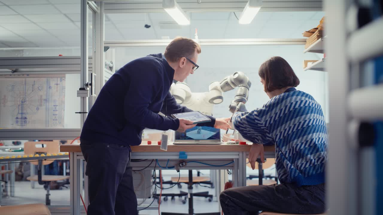 Computer Science Specialist Discuss Optimisation of Autonomous Manufacturing Facility with Chief Engineer and Developing Program for Motion of Robotic Arm. Innovative Startup Company. Slow Motion