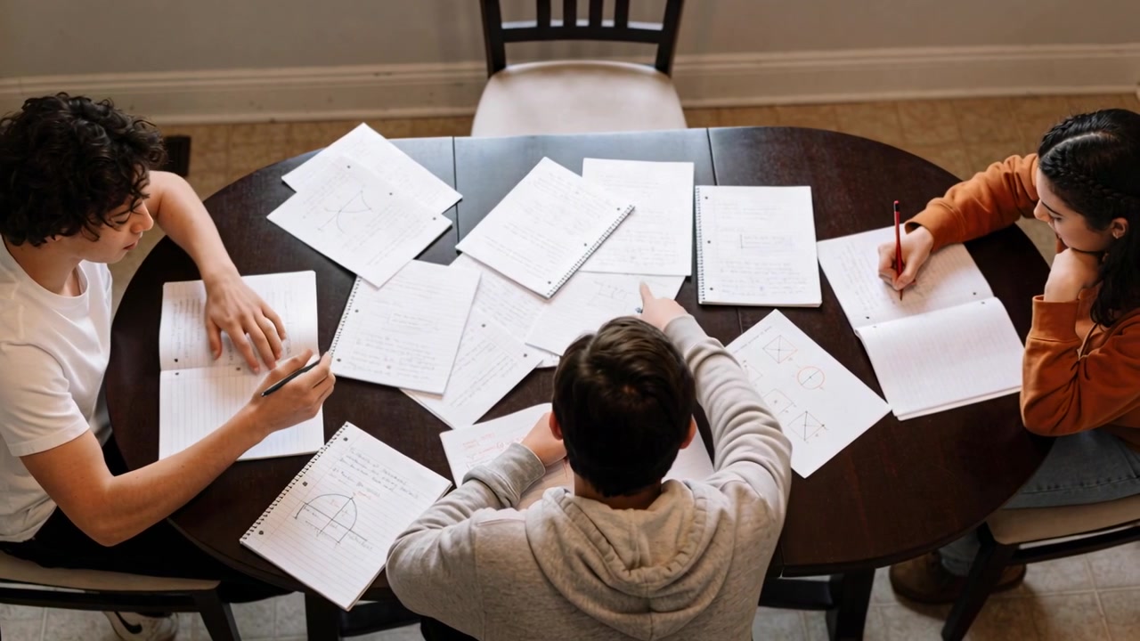Gesturing left teen in white tee, classmates solving math at home dining table using red pen
