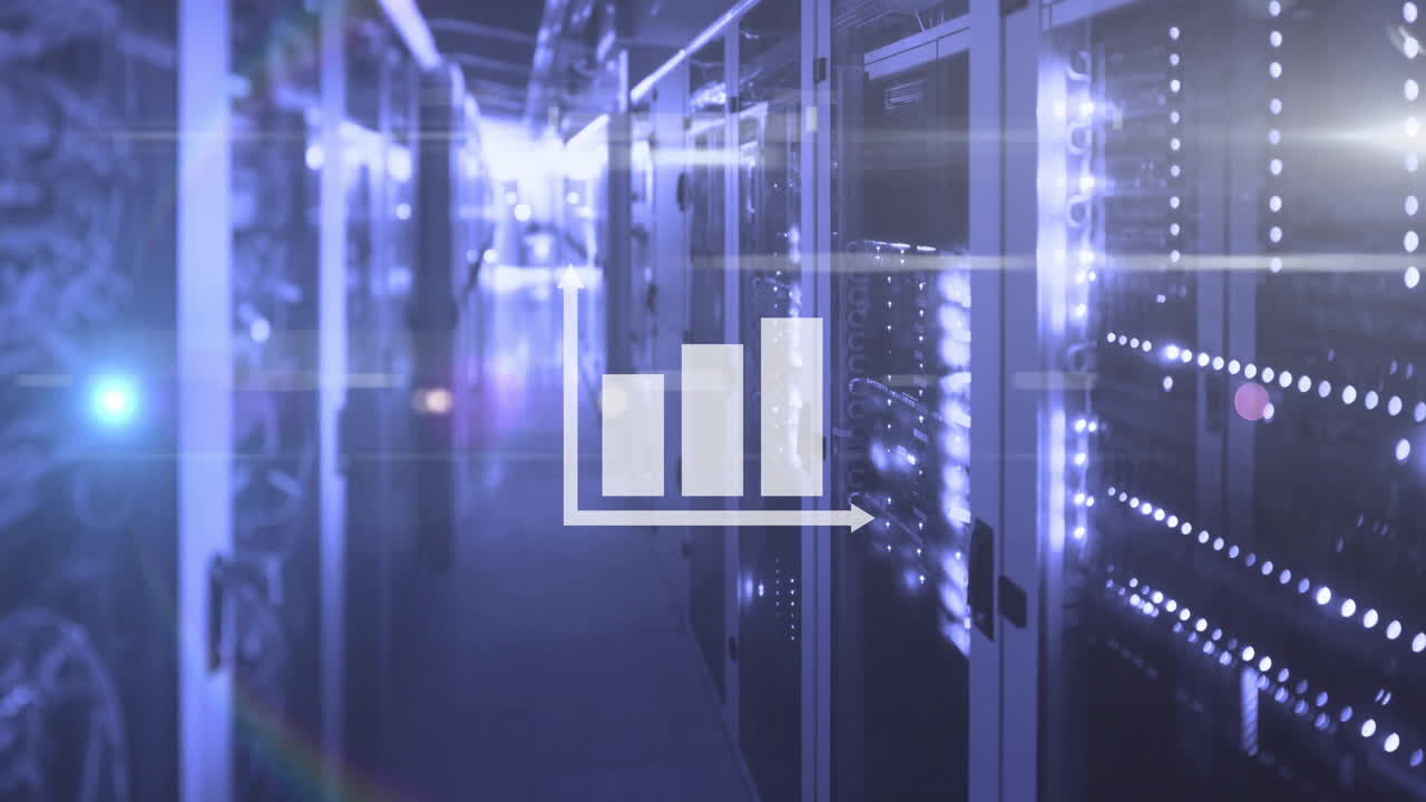 In server room, animation of bar chart icon overlaying data servers