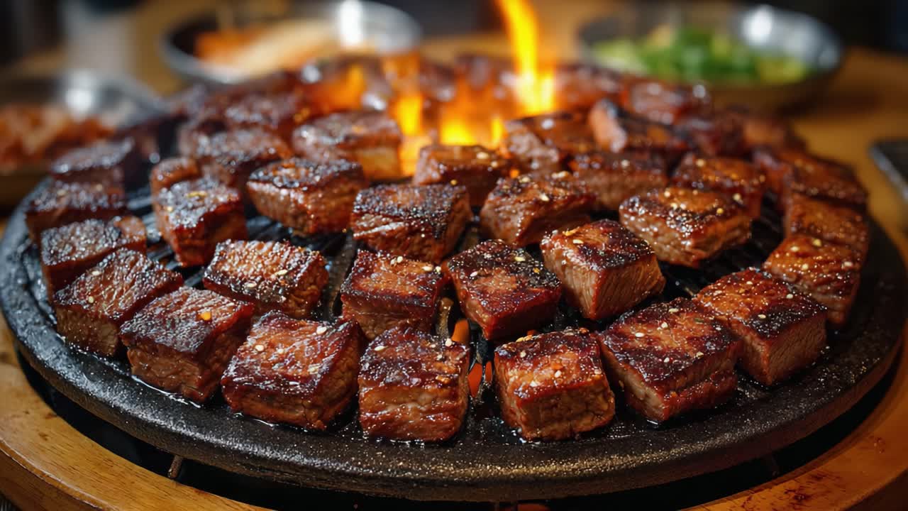 Daging panggang yang mendesis di atas piring panas dengan api dan aroma gurih dalam suasana kuliner yang semarak, dimasak dengan sempurna untuk pengalaman bersantap yang menyenangkan.