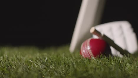 cricket still life with close up of bat ball bails and gloves lying in grass 5