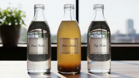 a comparison of rain, river, and tap water in clear glass bottles under natural light, showcasing their unique qualities and appearance