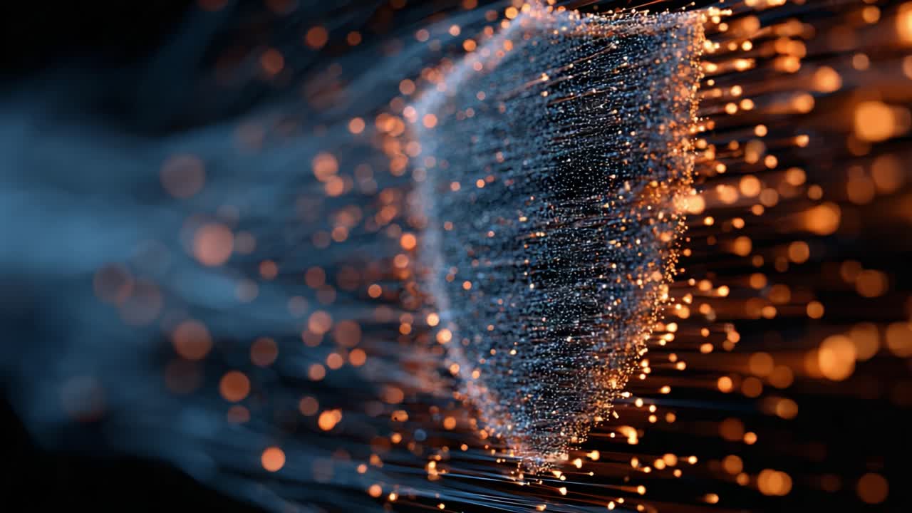 Dynamic Shield Visualization: An Artistic Representation of Data Protection and Security in Motion, Symbolizing Safety Through Abstract Forms and Luminous Particles