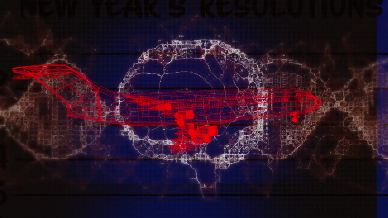 animación de un modelo de avión en 3d girando sobre un cerebro digital y una cadena de adn sobre un fondo negro