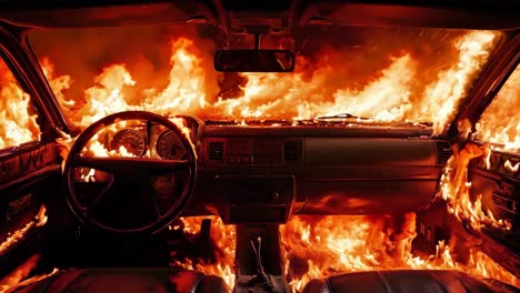 a car is engulfed by flames in the interior of a car