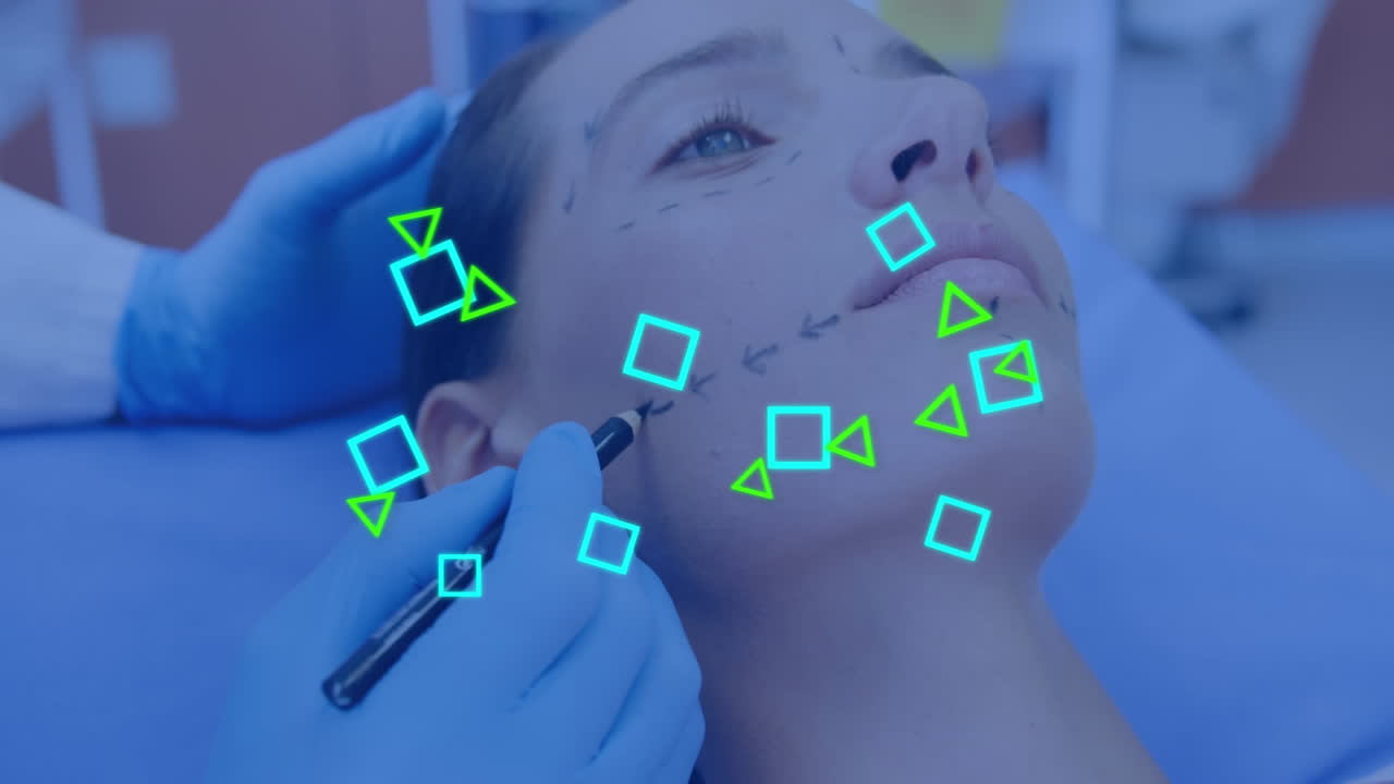 animación de una red de formas sobre una mujer caucásica que se prepara para una cirugía facial
