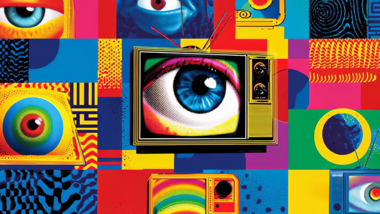 Sfondo video vibrante in stile pop art con un televisore vintage che mostra un occhio umano in primo piano, circondato da audaci motivi geometrici e colori vivaci.