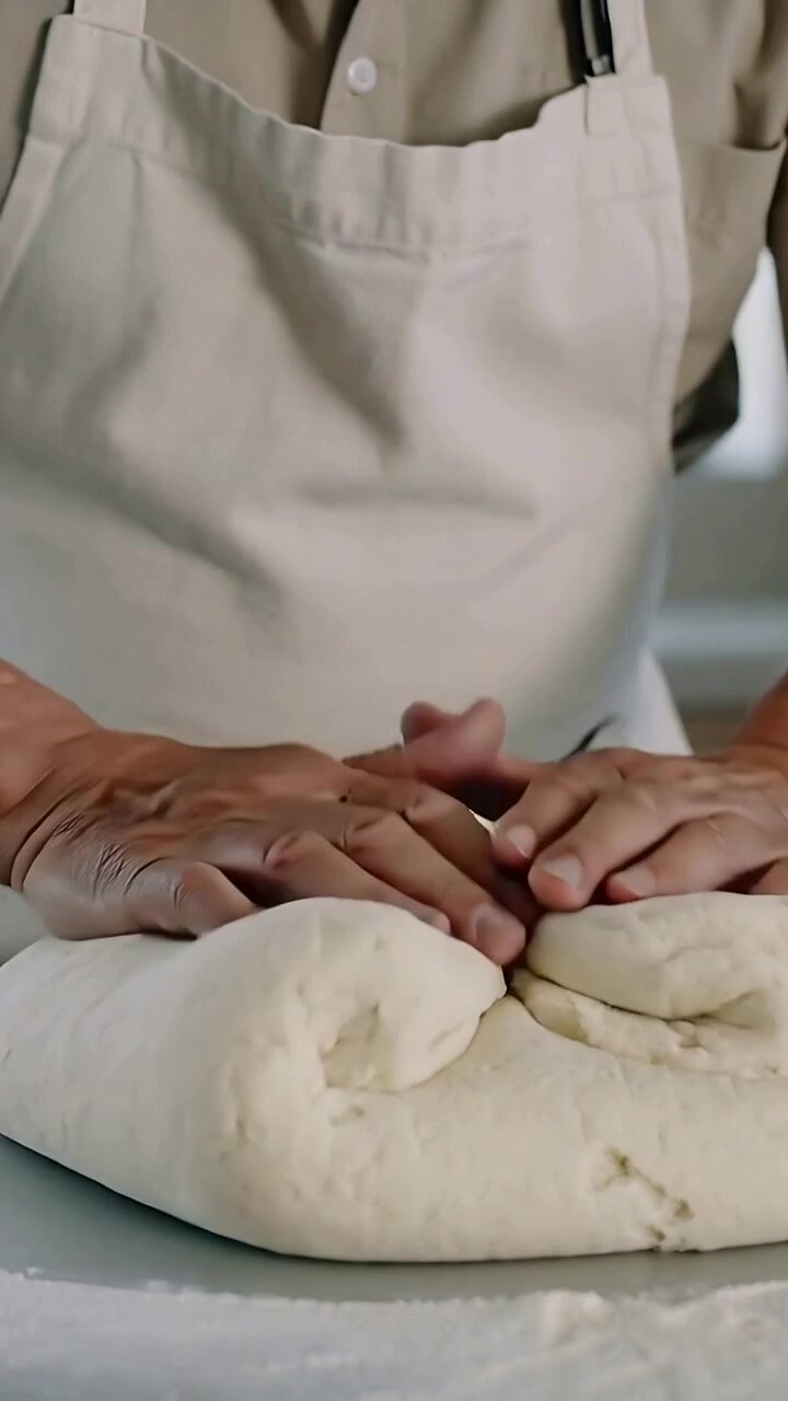 Vertical video: Pressing baker folding sealing dough at floured kitchen bench with apron for baking