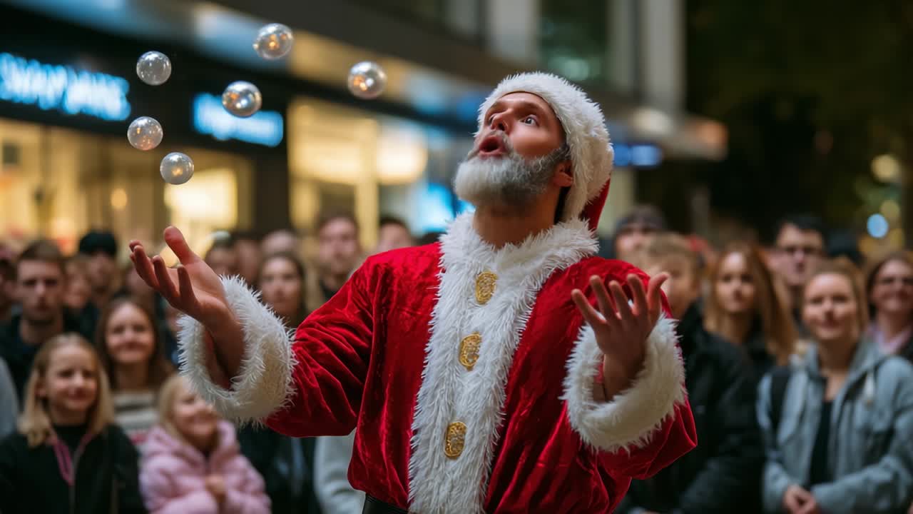 A talented performer dressed as Santa Claus captures the audience's attention by juggling glass ornaments during a festive event, evoking the spirit of Christmas with his skillful display in a lively setting