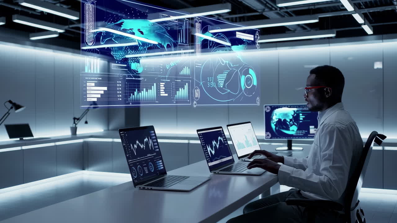 Businessman Working in a Modern Data Analysis Office with Holograms