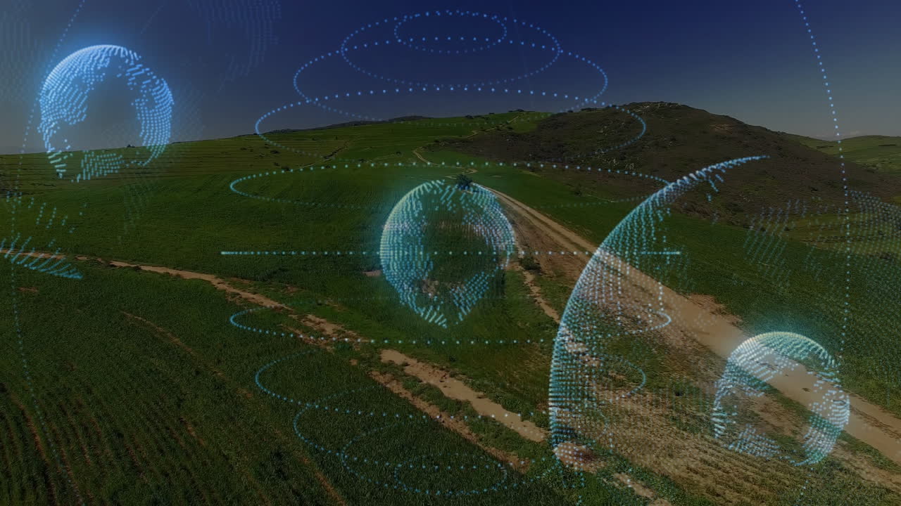 3D globe hologram being projected over green fields, showing blue dotted points and orbit rings