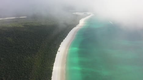 secluded tourist beach at dawn: aerial view with high morning fog