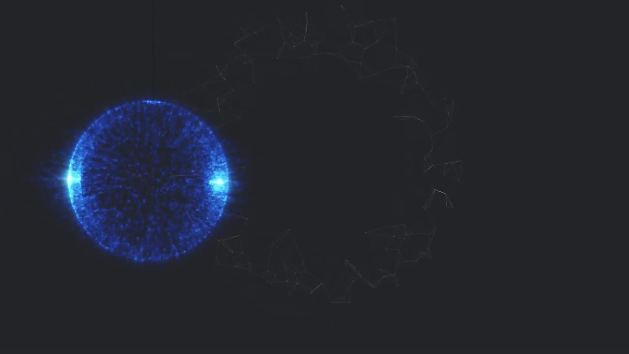 animación de una esfera azul translúcida brillante, flotando sobre un fondo negro