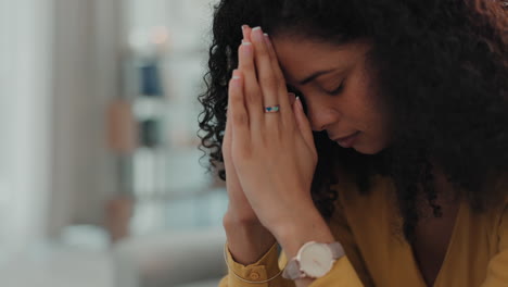 Face,-woman-and-hands-for-prayer-in-home