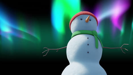 animation of christmas snow man moving over aurora borealis on black background