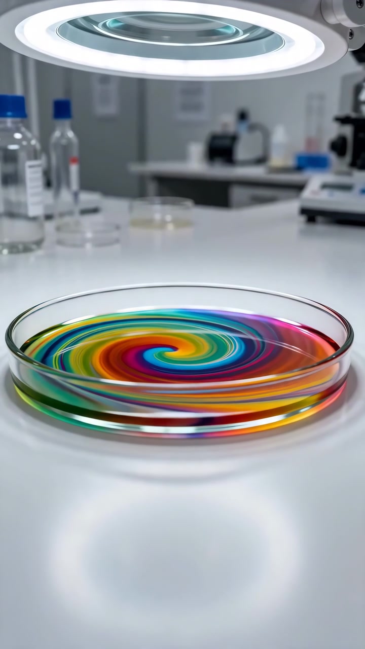 Action‑first laboratory sequence showing evolving sample in glass petri dish from early rainbow interference film through vibrant swirling mixing to final